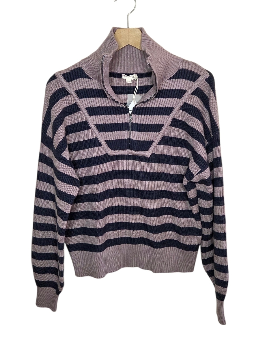 Hem & Thread Dark Gray Tan Striped Ribbed Quarter Zip Mockneck Sweater Sz Small